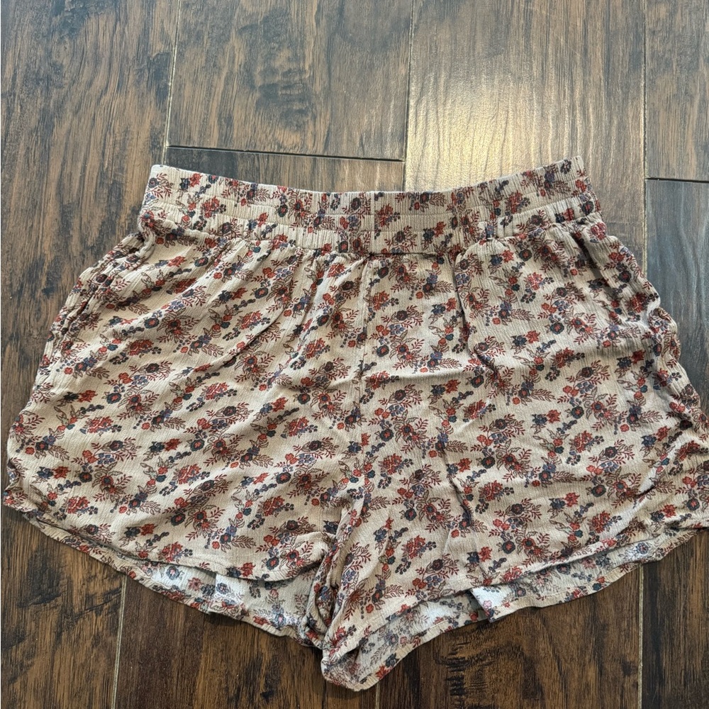 Volcom Beige Floral Athletic Shorts with Red & Blue Accents